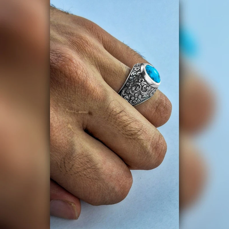 انگشتر نقره مردانه مدل فیروزه نیشابور رکاب گل اسلیمی - Image 2