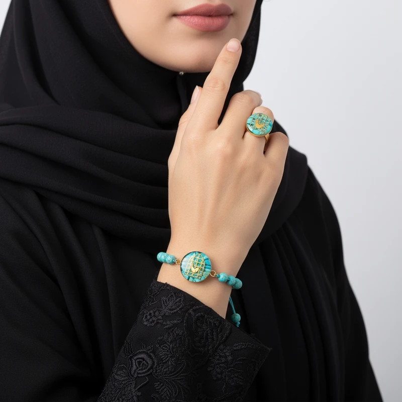 ست انگشتر و دستبند دست ساز زنانه آلتین هنر مدل سنگ و روکش طلا مرغ آمین - Image 7