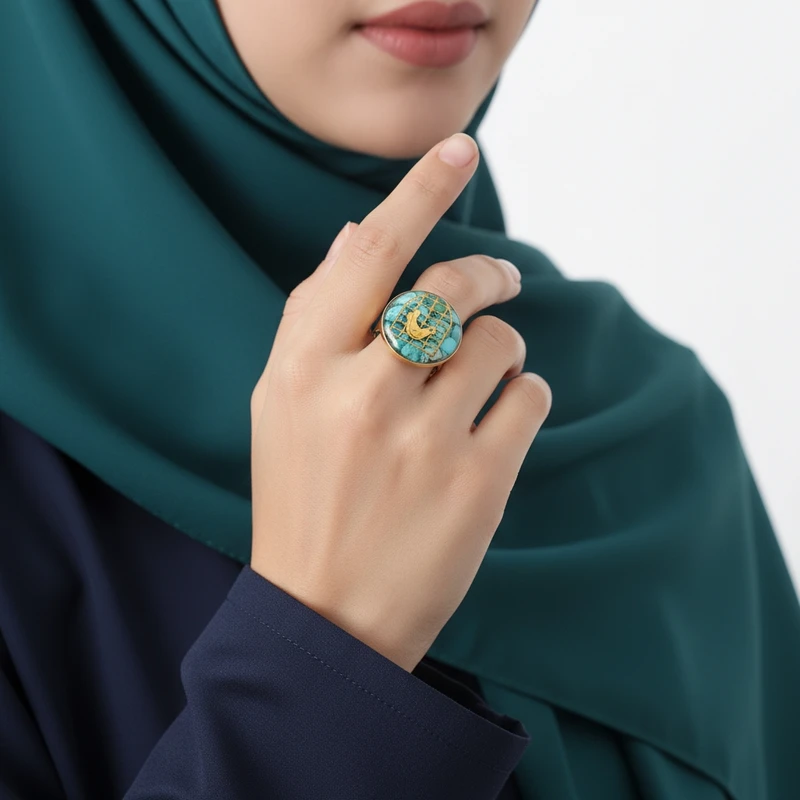 ست انگشتر و دستبند دست ساز زنانه آلتین هنر مدل سنگ و روکش طلا مرغ آمین - Image 9